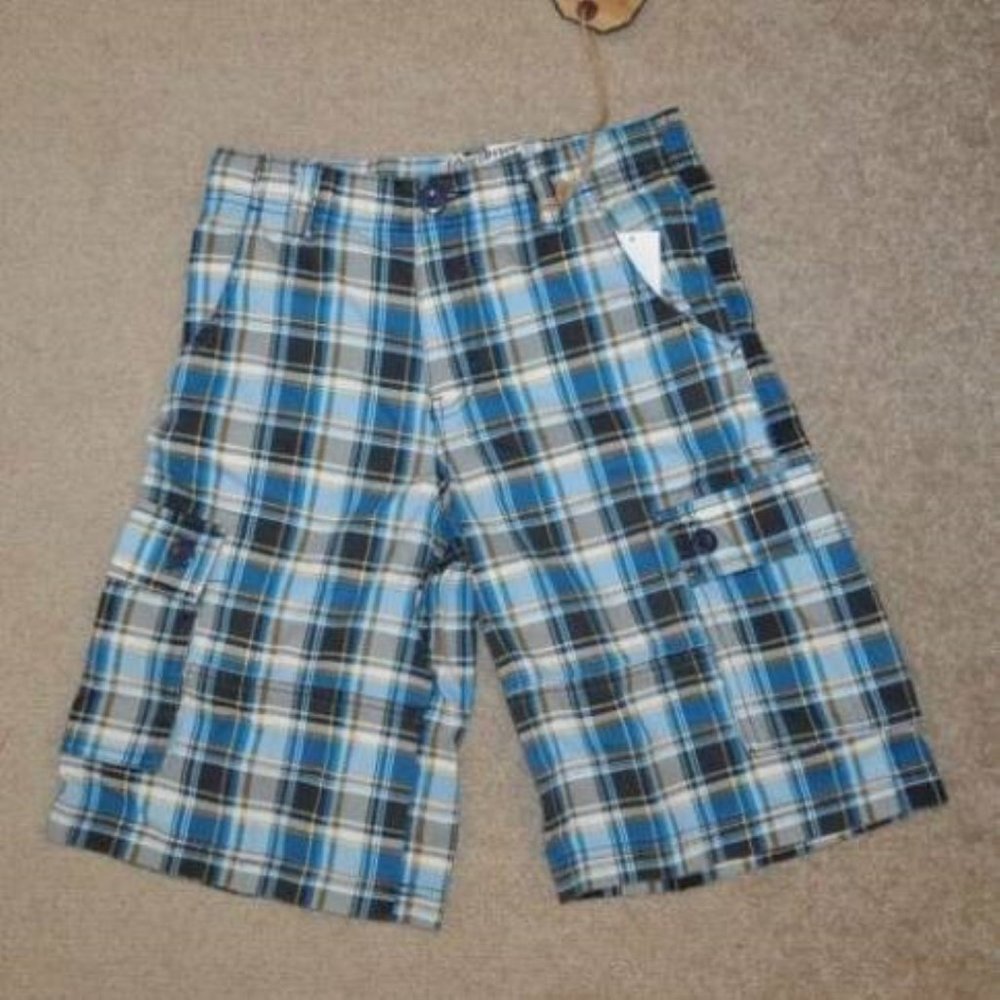 *Adjustable Waist Shorts sz 12 Overdrive Blue Plaid Flat Front Relaxed Fit Boys